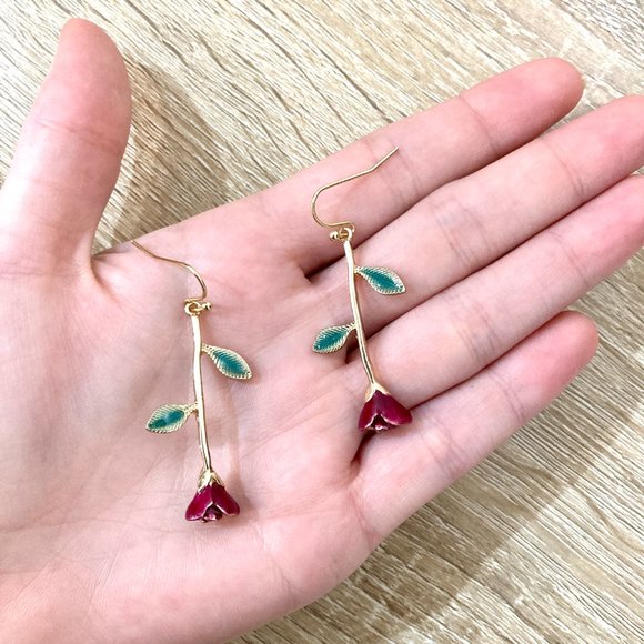 Crimson Red Rose Stem Leaflet Drop Dangle Gold Earrings - Picture 4 of 6